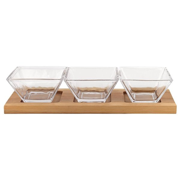 Tarifa 4 in. Mouth Blown Crystal Hostess Set with 3 Glass Condiment or Dip Bowls on a Wood Tray - 4 Piece TA1854190